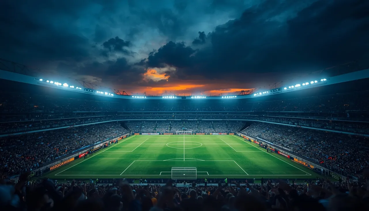 Mostbet idman mərcləri — gecə işıqlandırılmış futbol stadionu və yaşıl meydan